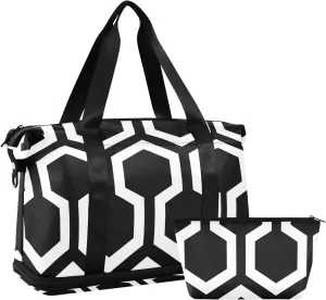 Seamless Geometric Hexagons Black White Abstract Polygon Pattern Gym Duffel Bag, Polyester Travel Weekender Luggage Handbag with Waterproof Pocket for Wet Items, Unisex Foldable Tote for Sports