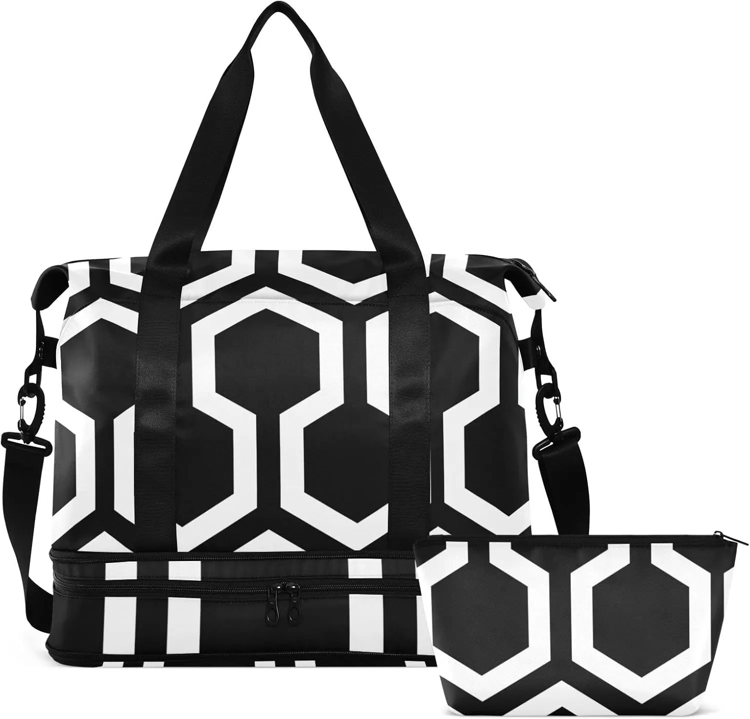 Seamless Geometric Hexagons Black White Abstract Polygon Pattern Gym Duffel Bag, Polyester Travel Weekender Luggage Handbag with Waterproof Pocket for Wet Items, Unisex Foldable Tote for Sports