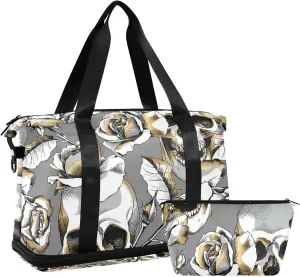 Seamless Gold Gray Skull Rose Flowers on Gray Gym Duffel Bag, Polyester Travel Weekender Luggage Handbag with Waterproof Pocket for Wet Items, Unisex Foldable Tote for Sports
