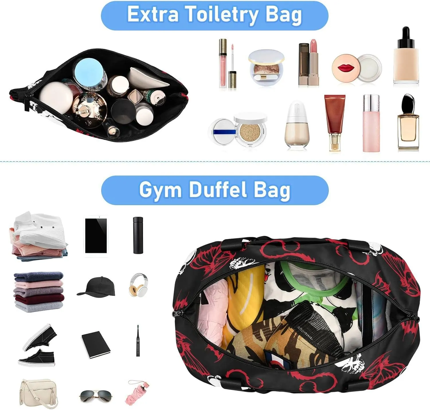 Seamless White Skull and Red Wing Flying Dragon on Dark Black Gym Duffel Bag, Polyester Travel Weekender Luggage Handbag with Waterproof Pocket for Wet Items, Unisex Foldable Tote for Sports