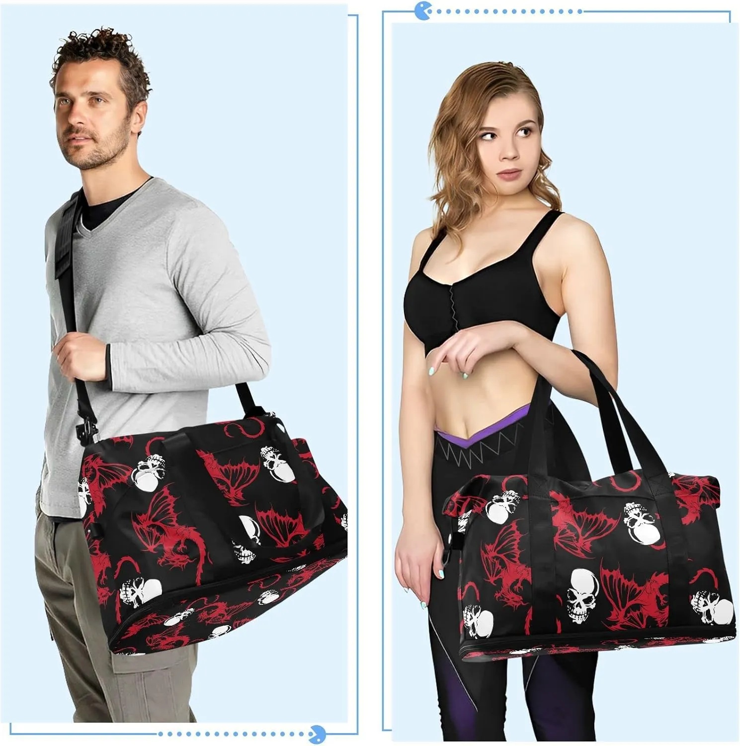 Seamless White Skull and Red Wing Flying Dragon on Dark Black Gym Duffel Bag, Polyester Travel Weekender Luggage Handbag with Waterproof Pocket for Wet Items, Unisex Foldable Tote for Sports