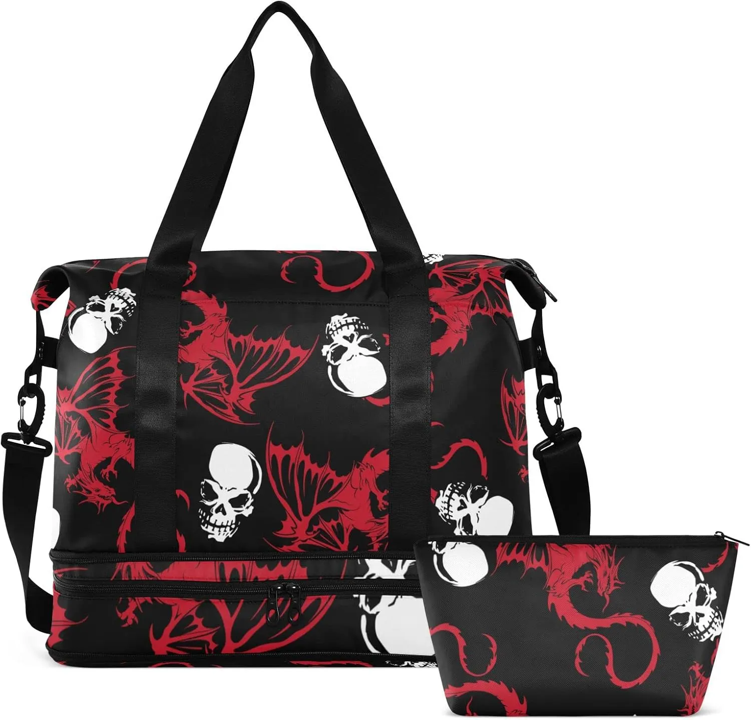 Seamless White Skull and Red Wing Flying Dragon on Dark Black Gym Duffel Bag, Polyester Travel Weekender Luggage Handbag with Waterproof Pocket for Wet Items, Unisex Foldable Tote for Sports