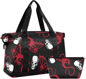 Seamless White Skull and Red Wing Flying Dragon on Dark Black Gym Duffel Bag, Polyester Travel Weekender Luggage Handbag with Waterproof Pocket for Wet Items, Unisex Foldable Tote for Sports