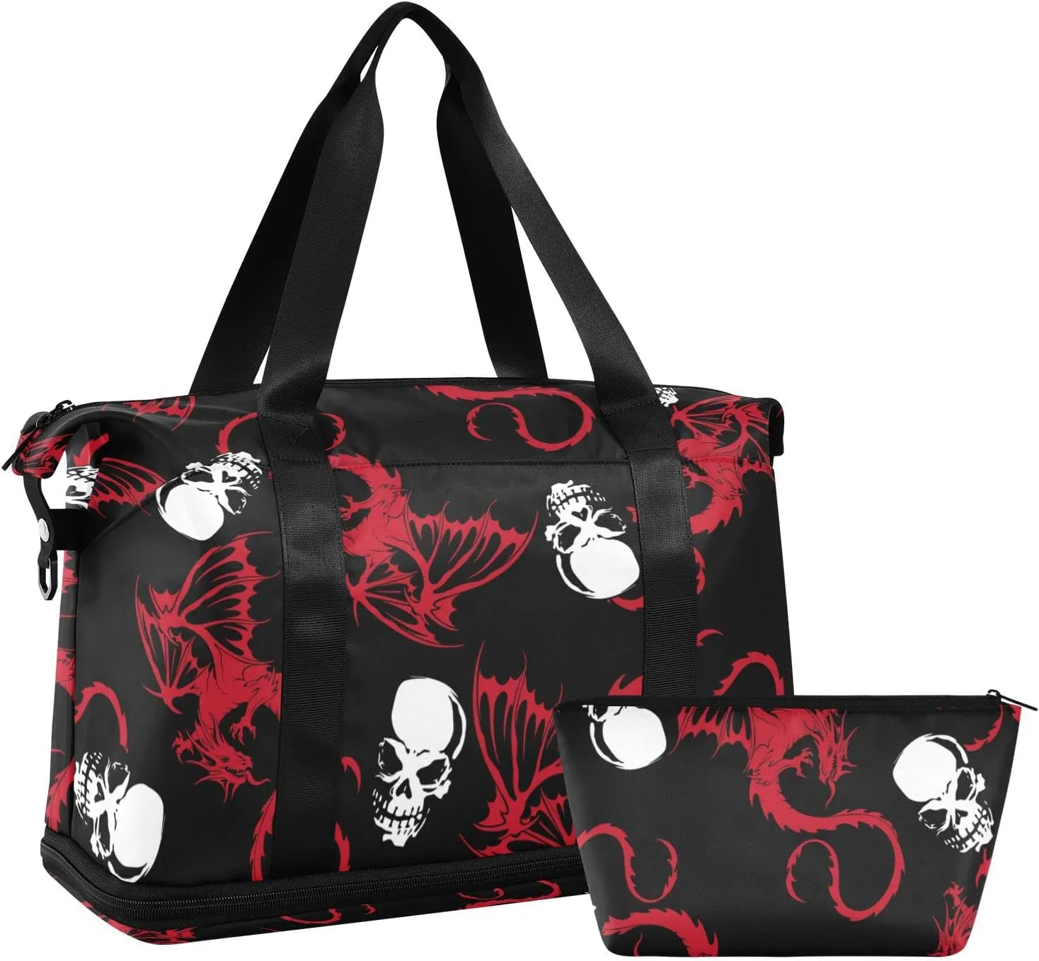 Seamless White Skull and Red Wing Flying Dragon on Dark Black Gym Duffel Bag, Polyester Travel Weekender Luggage Handbag with Waterproof Pocket for Wet Items, Unisex Foldable Tote for Sports
