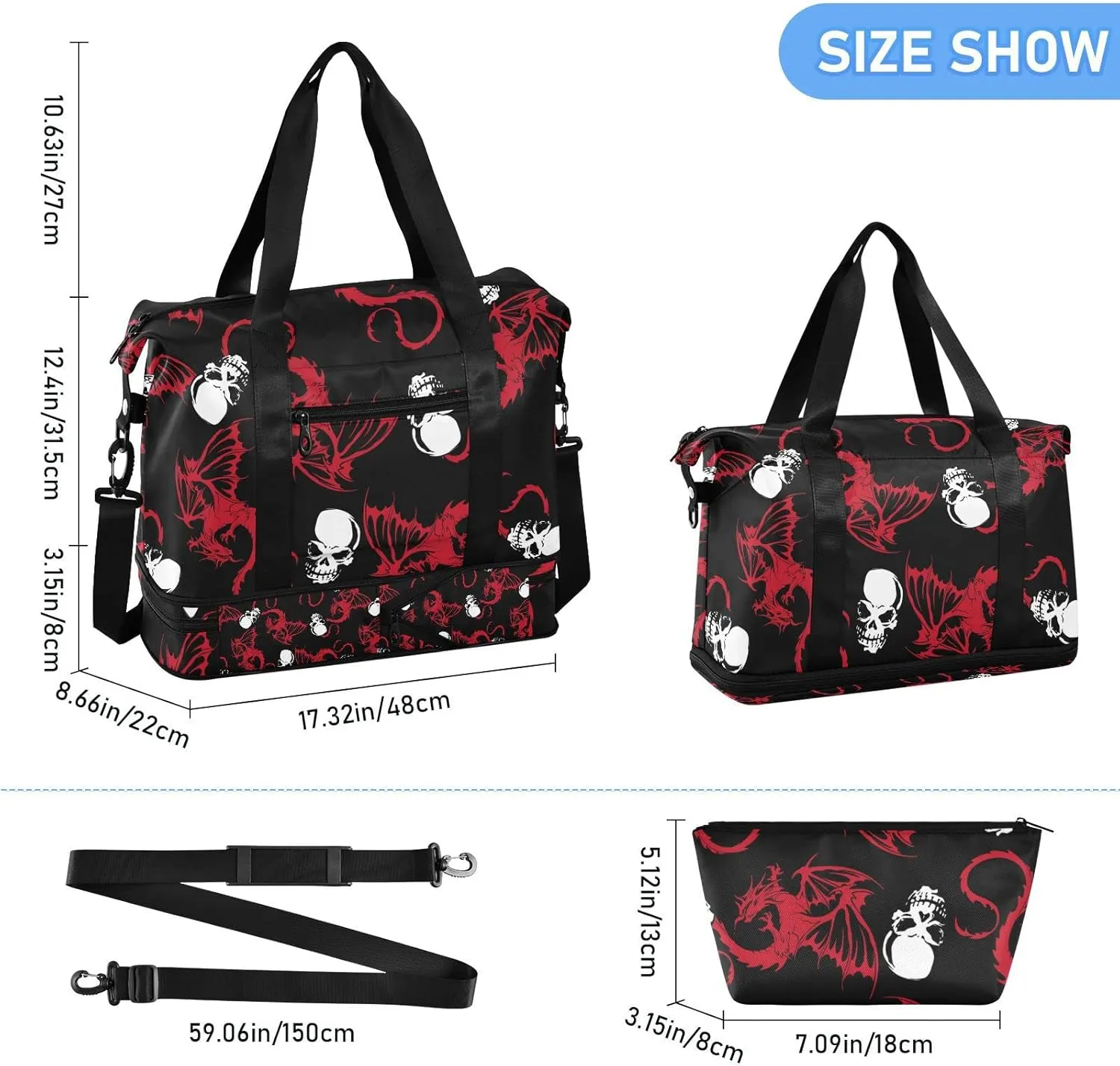 Seamless White Skull and Red Wing Flying Dragon on Dark Black Gym Duffel Bag, Polyester Travel Weekender Luggage Handbag with Waterproof Pocket for Wet Items, Unisex Foldable Tote for Sports