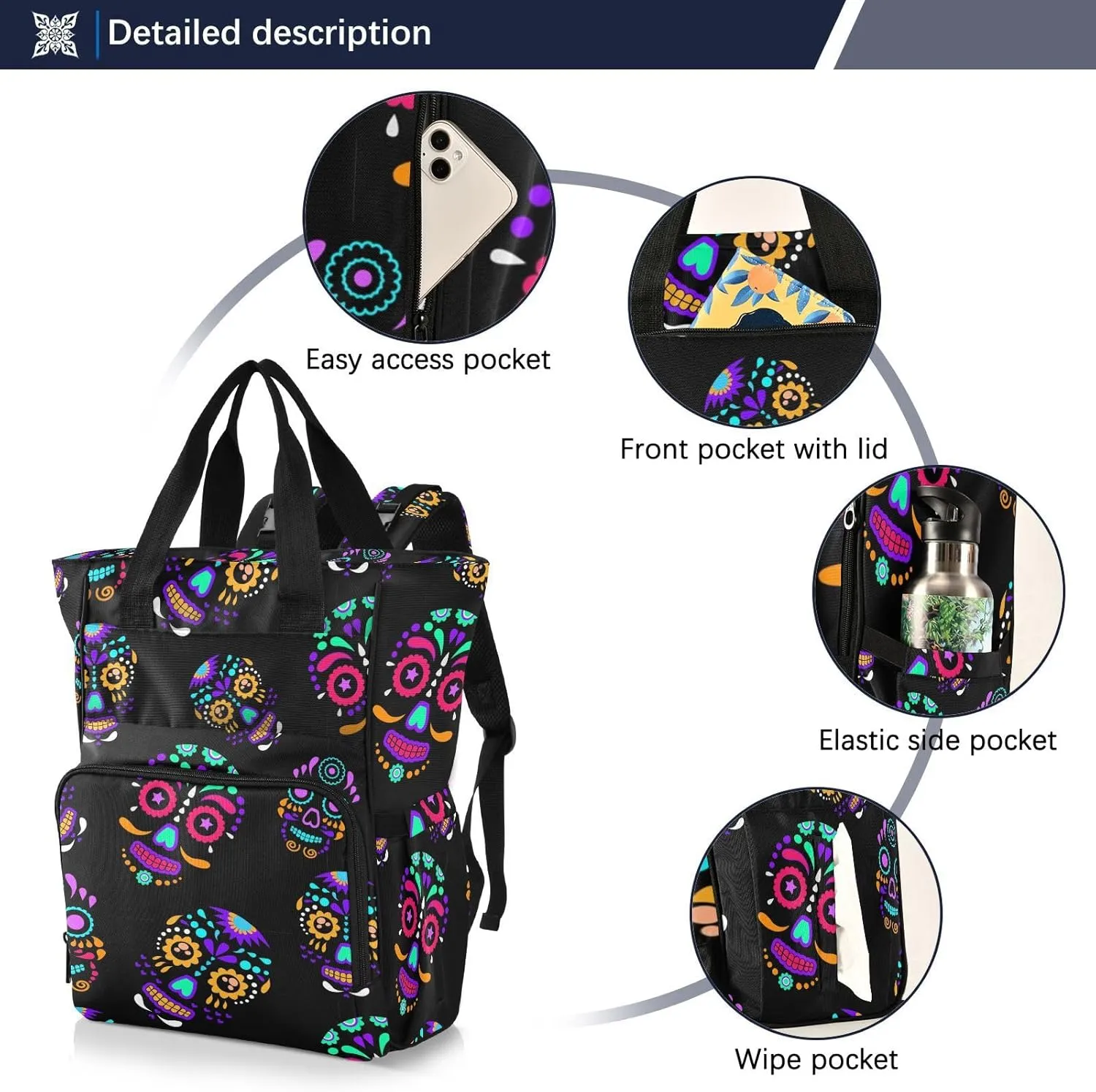 senya Diaper Bag Backpack, Colorful Sugar Skull Multifunction Travel Bag for Moms Dads