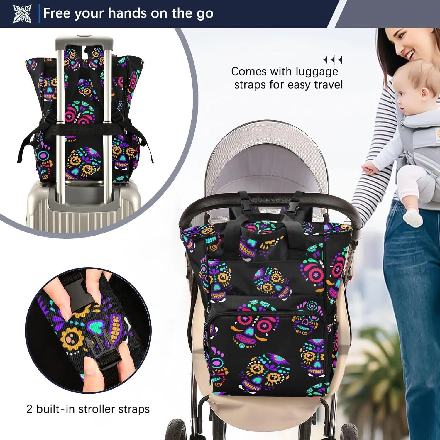 senya Diaper Bag Backpack, Colorful Sugar Skull Multifunction Travel Bag for Moms Dads