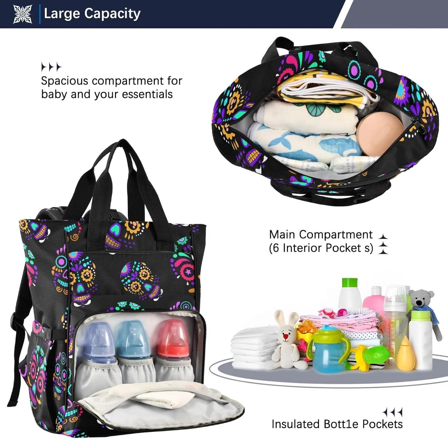 senya Diaper Bag Backpack, Colorful Sugar Skull Multifunction Travel Bag for Moms Dads