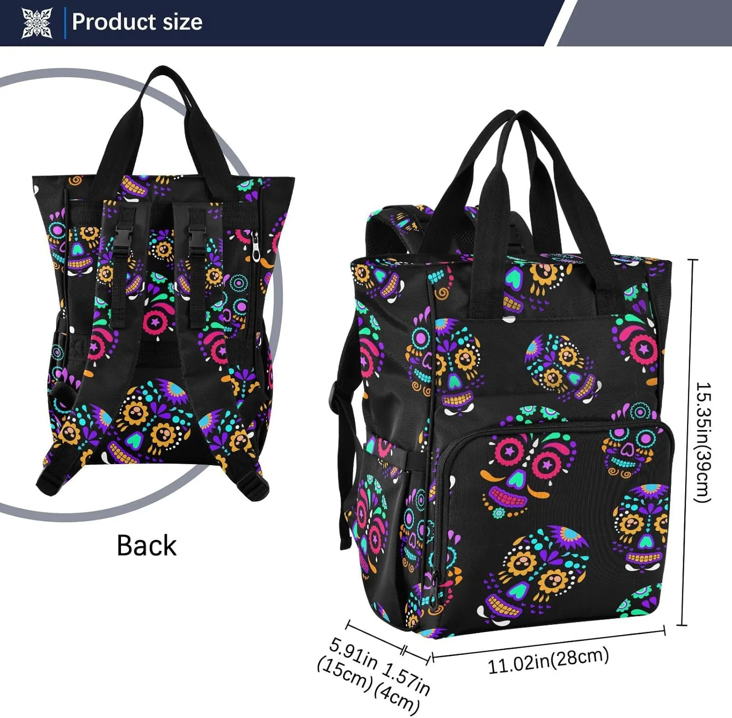 senya Diaper Bag Backpack, Colorful Sugar Skull Multifunction Travel Bag for Moms Dads