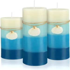 Set of 3 Scented Pillar Candles Decorative Pillar Scented Layered Candles Clean Burning Long Lasting with Ornaments for Home Party Room 3 Sizes(Ocean)