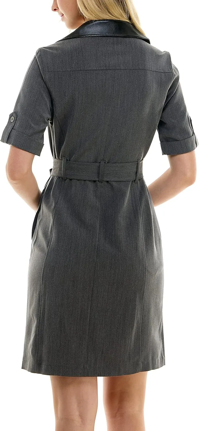 Sharagano Women's Belted Shirtdress with Short Roll Tab Sleeves