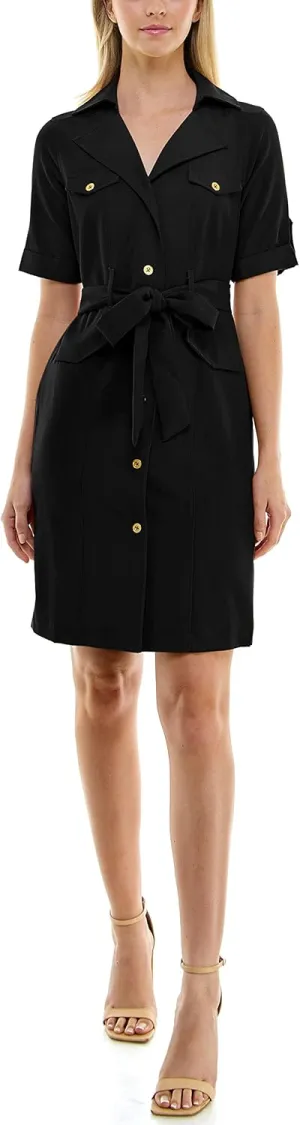 Sharagano Women's Belted Shirtdress with Short Roll Tab Sleeves