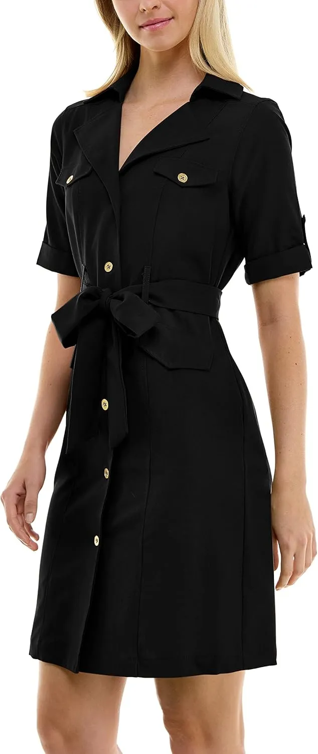 Sharagano Women's Belted Shirtdress with Short Roll Tab Sleeves