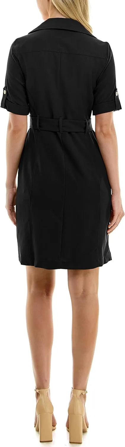 Sharagano Women's Belted Shirtdress with Short Roll Tab Sleeves