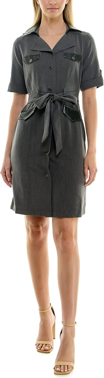 Sharagano Women's Belted Shirtdress with Short Roll Tab Sleeves