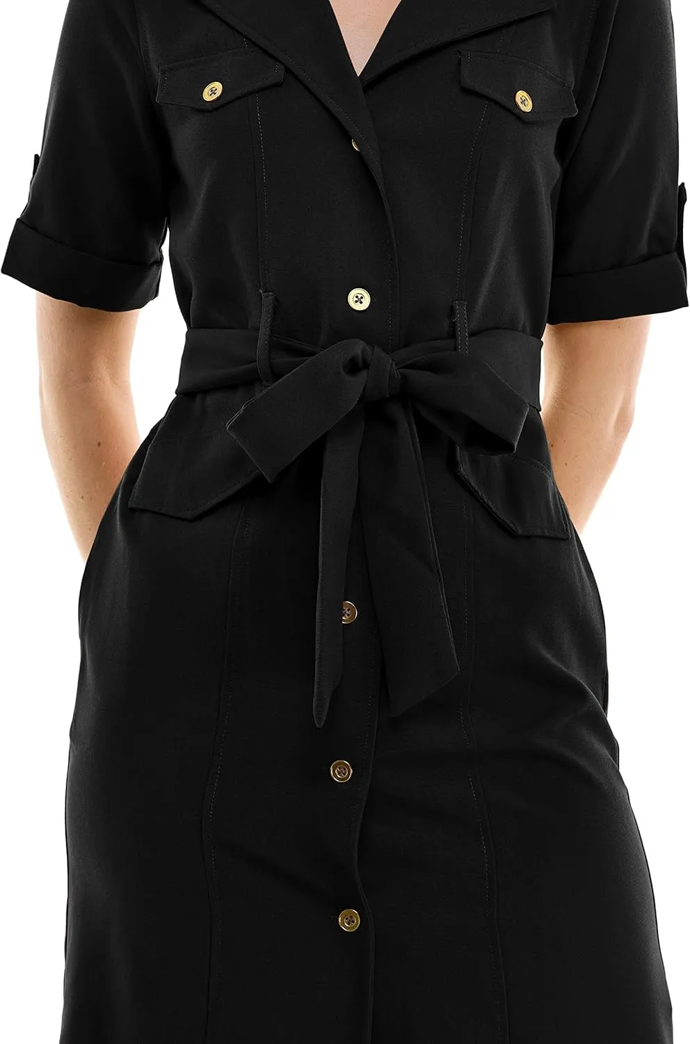 Sharagano Women's Belted Shirtdress with Short Roll Tab Sleeves