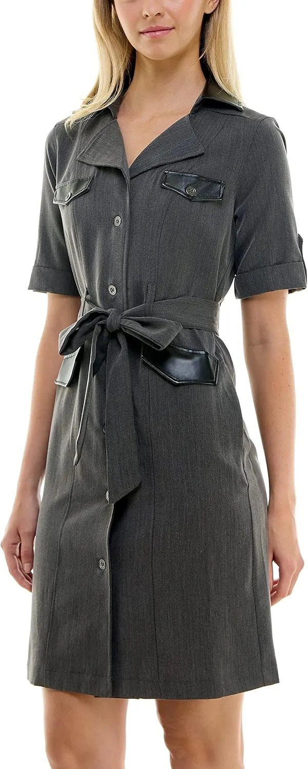 Sharagano Women's Belted Shirtdress with Short Roll Tab Sleeves