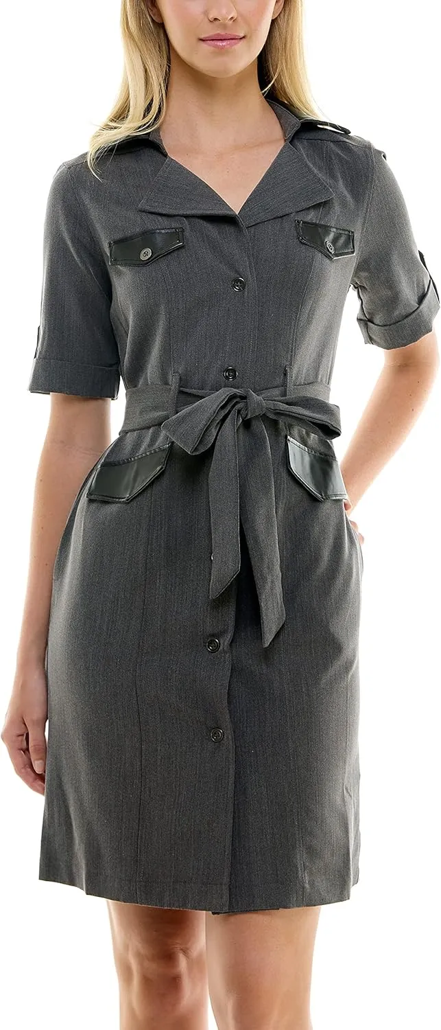 Sharagano Women's Belted Shirtdress with Short Roll Tab Sleeves