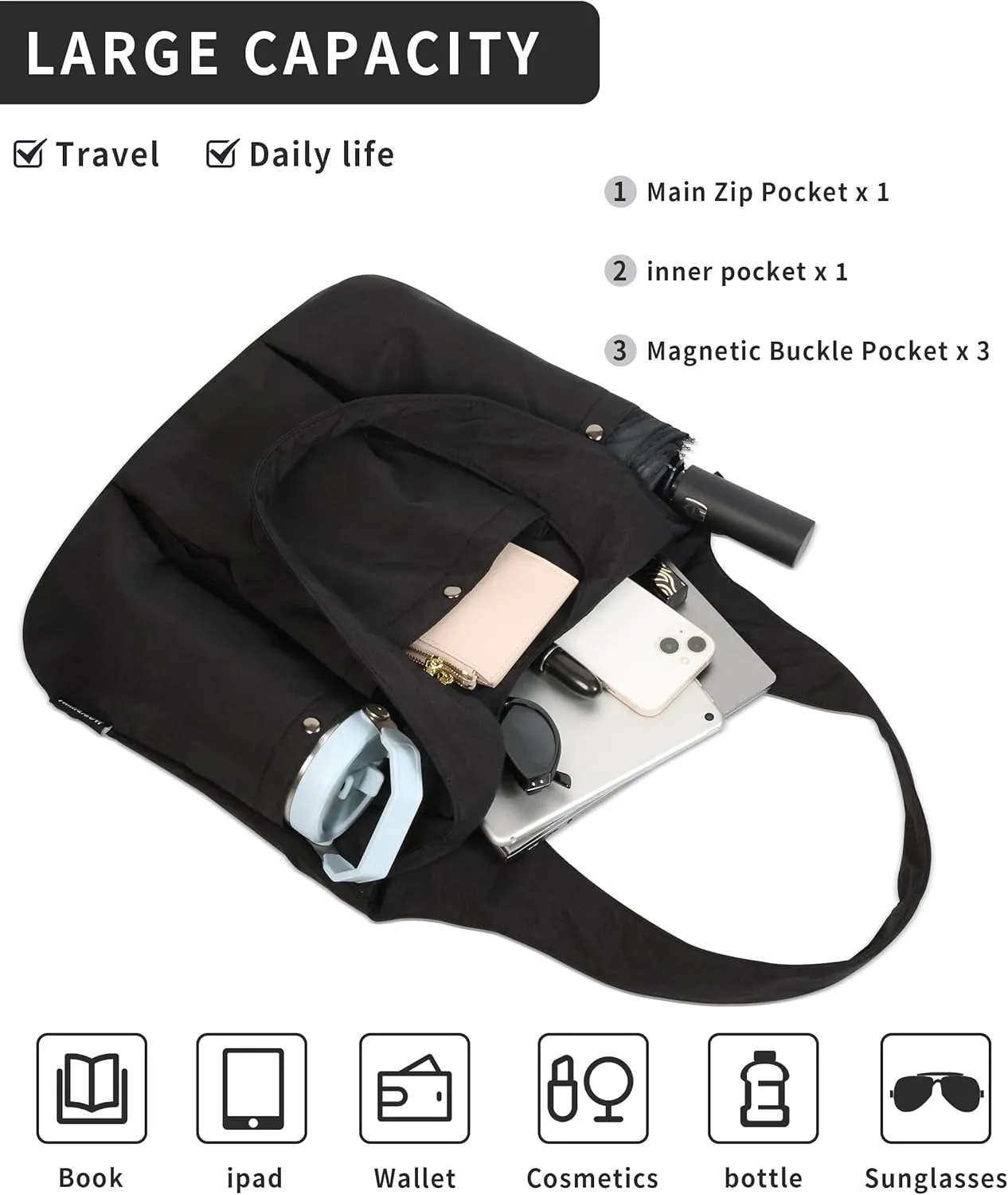 Shoulder Bag for Women - Tote Bag with 3 Deep Pocket PU Leather Hobo Bag with Zipper Closure Handbag for Work