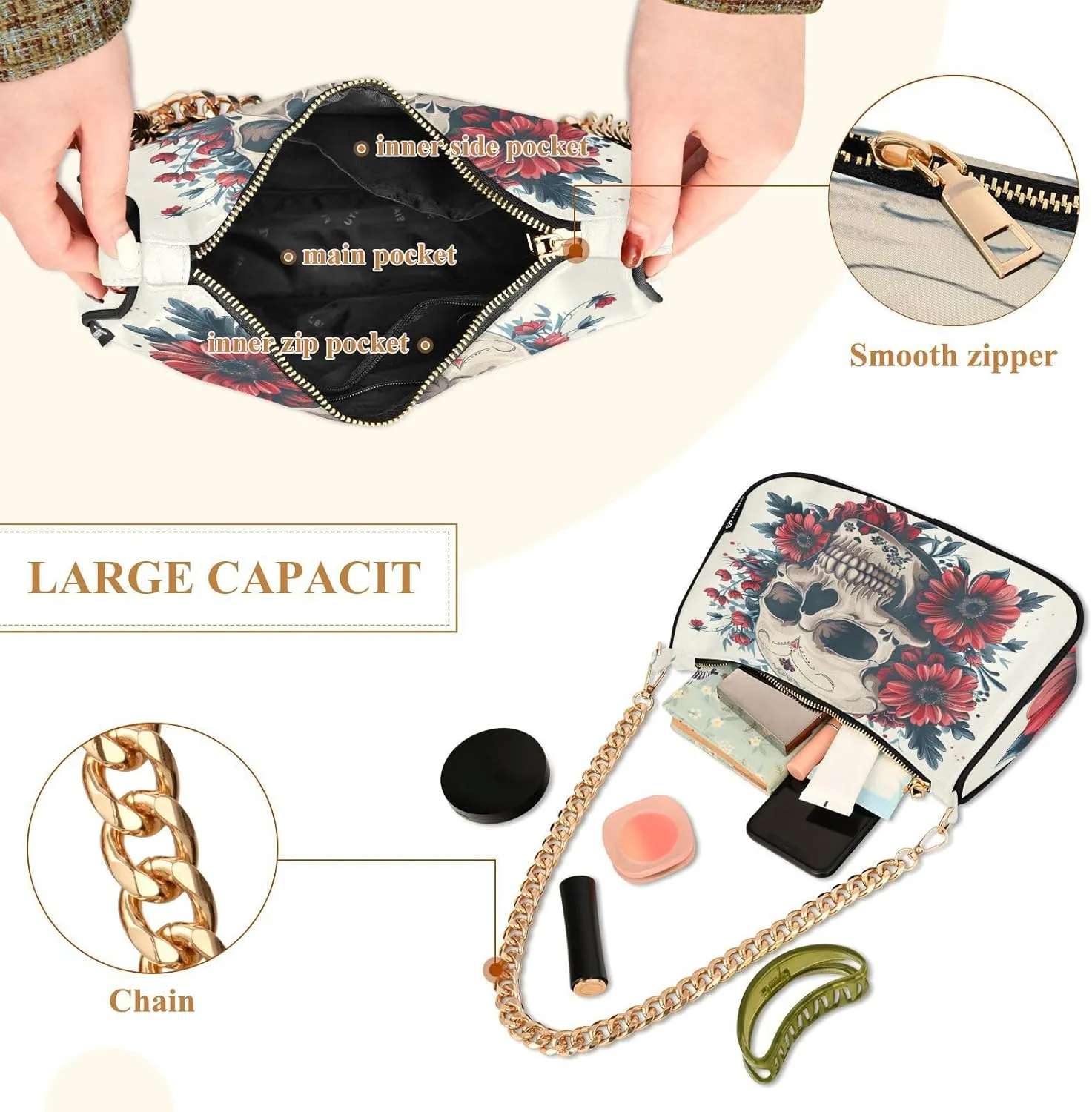 Shoulder Bags for Women Skeleton Skull and Rose Flowers Hobo Tote Handbag Small Clutch Purse with Zipper Closure