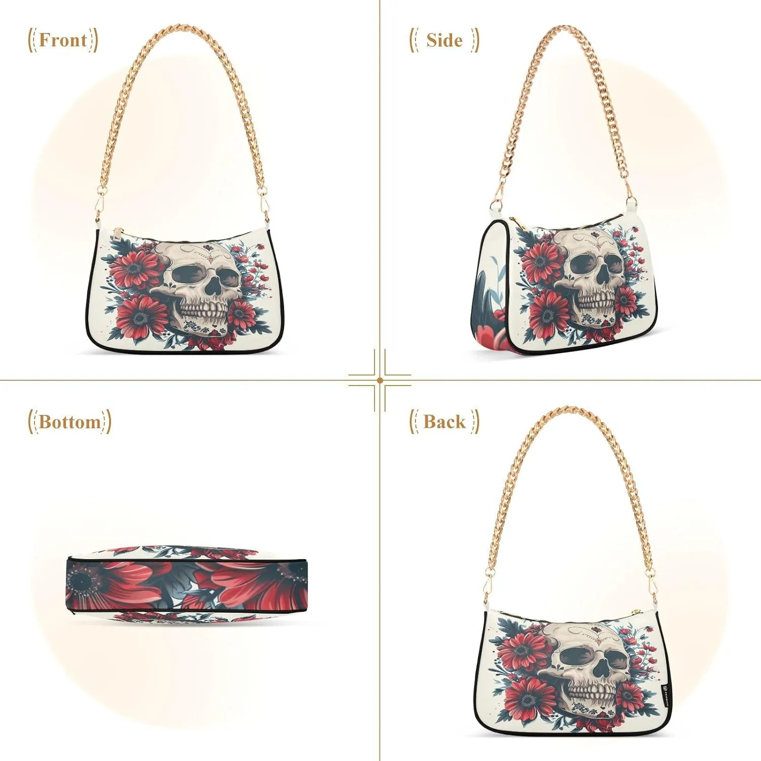 Shoulder Bags for Women Skeleton Skull and Rose Flowers Hobo Tote Handbag Small Clutch Purse with Zipper Closure