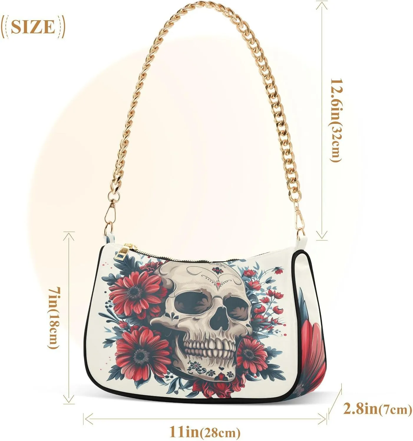 Shoulder Bags for Women Skeleton Skull and Rose Flowers Hobo Tote Handbag Small Clutch Purse with Zipper Closure