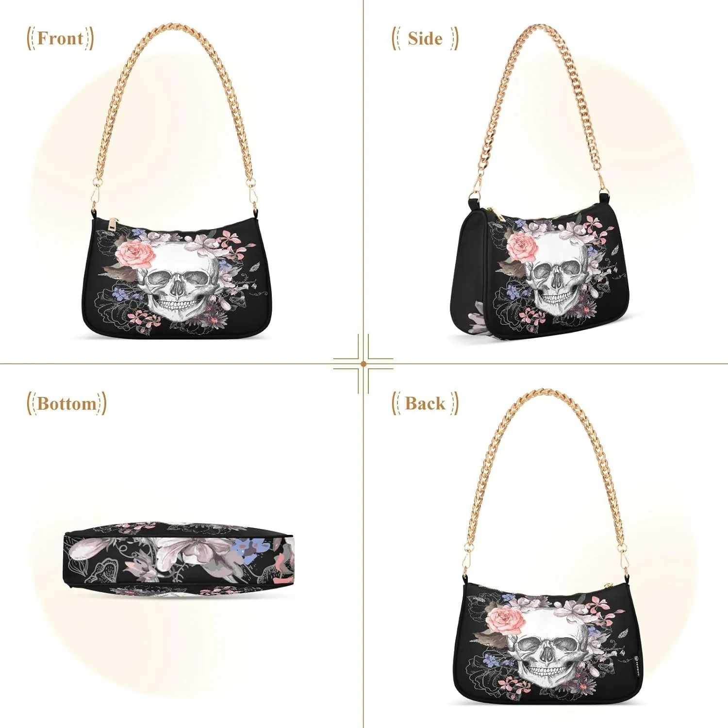Shoulder Bags for Women Skeleton Skull and Rose Flowers Hobo Tote Handbag Small Clutch Purse with Zipper Closure