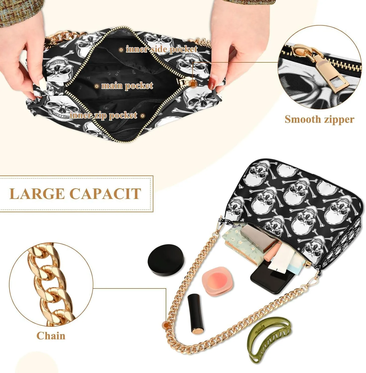 Shoulder Bags for Women Skeleton Skull and Rose Flowers Hobo Tote Handbag Small Clutch Purse with Zipper Closure