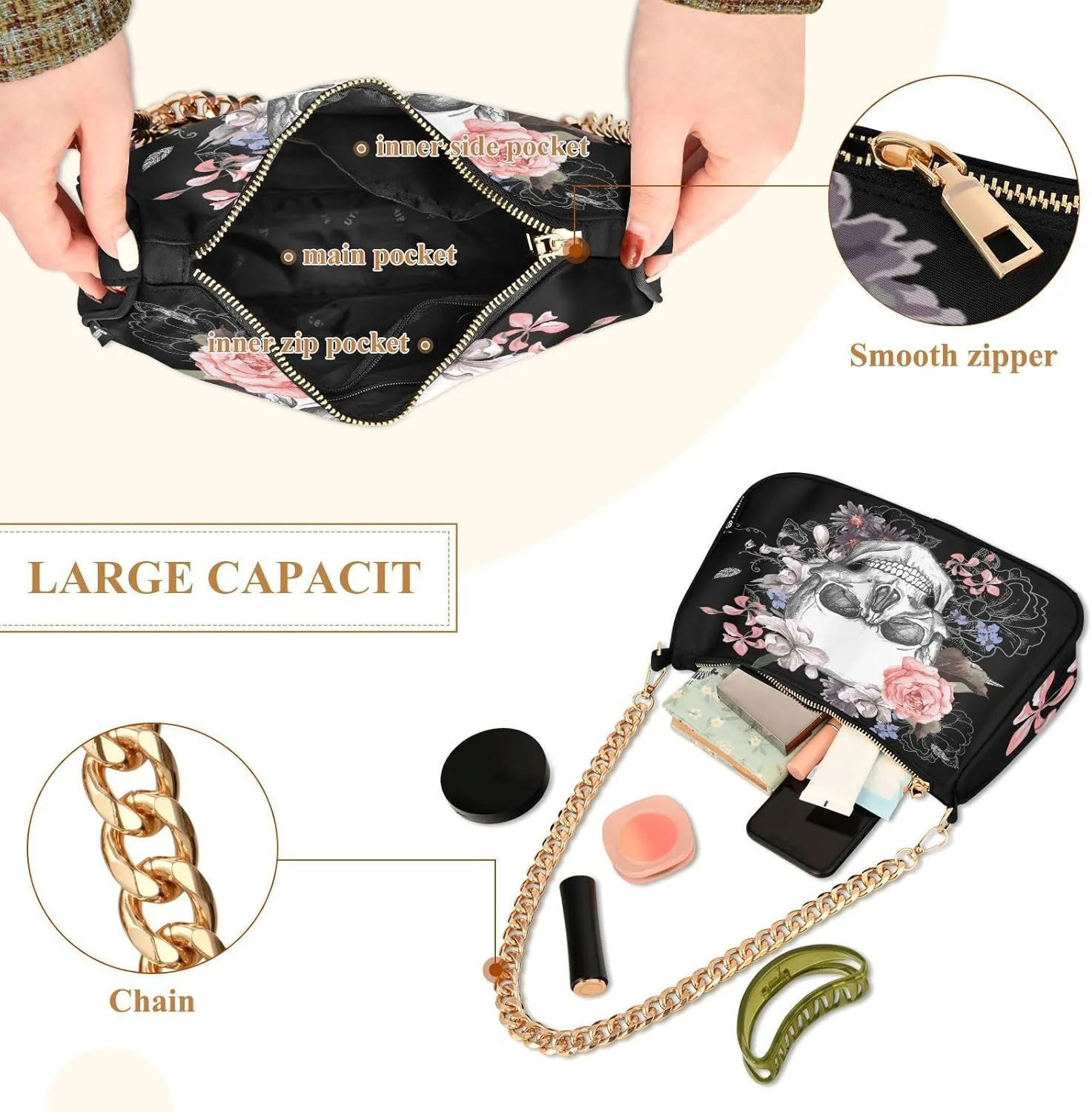 Shoulder Bags for Women Skeleton Skull and Rose Flowers Hobo Tote Handbag Small Clutch Purse with Zipper Closure