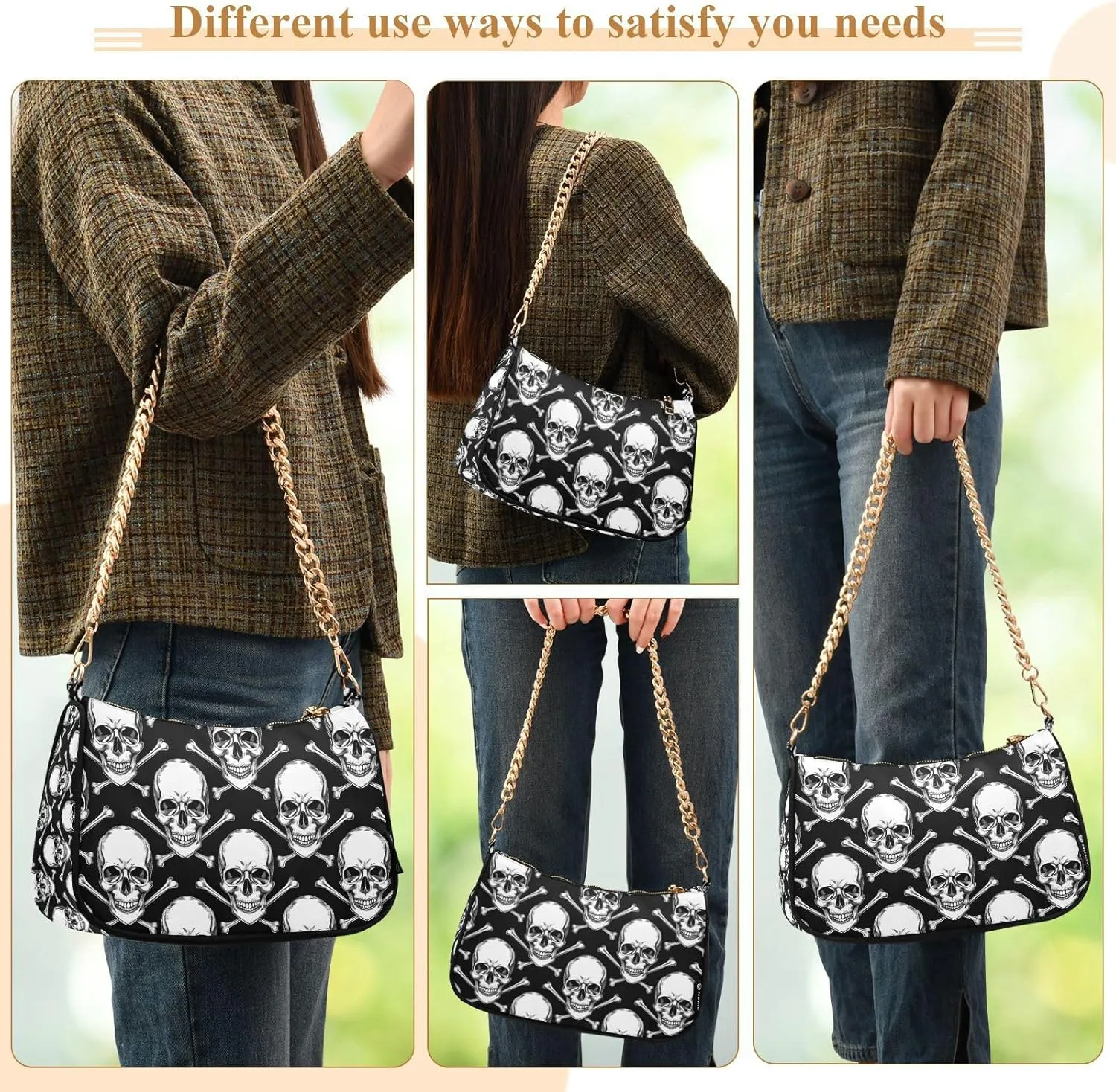 Shoulder Bags for Women Skeleton Skull and Rose Flowers Hobo Tote Handbag Small Clutch Purse with Zipper Closure
