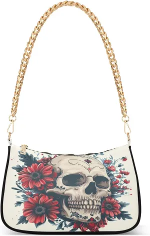 Shoulder Bags for Women Skeleton Skull and Rose Flowers Hobo Tote Handbag Small Clutch Purse with Zipper Closure