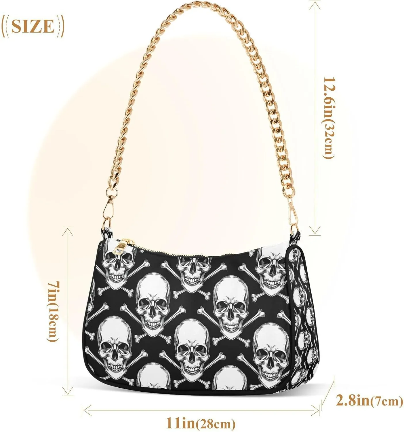 Shoulder Bags for Women Skeleton Skull and Rose Flowers Hobo Tote Handbag Small Clutch Purse with Zipper Closure