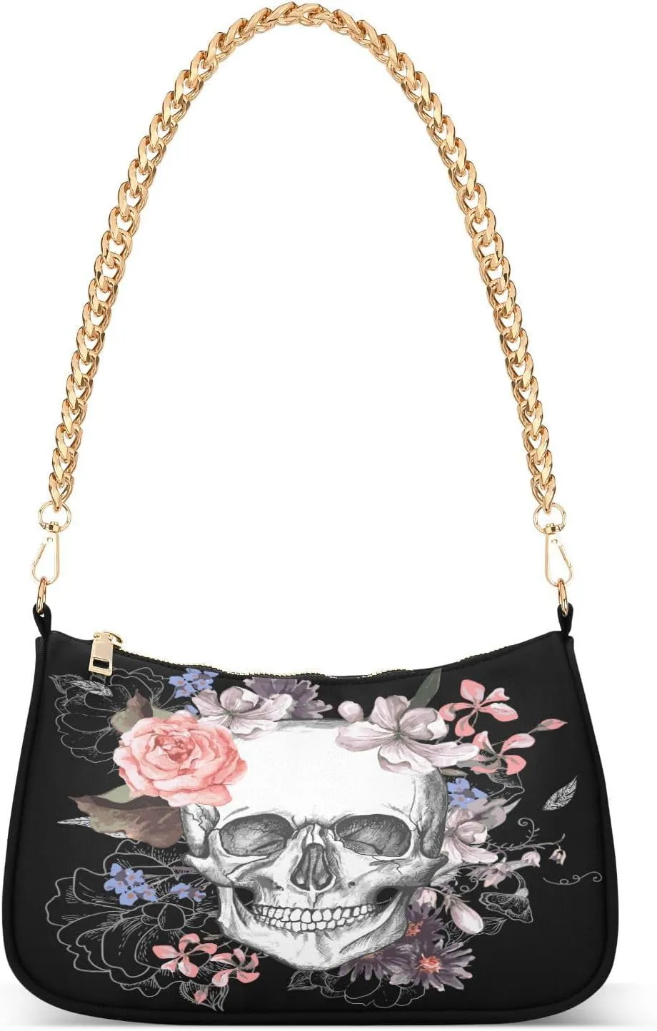 Shoulder Bags for Women Skeleton Skull and Rose Flowers Hobo Tote Handbag Small Clutch Purse with Zipper Closure