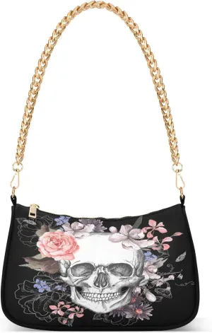 Shoulder Bags for Women Skeleton Skull and Rose Flowers Hobo Tote Handbag Small Clutch Purse with Zipper Closure
