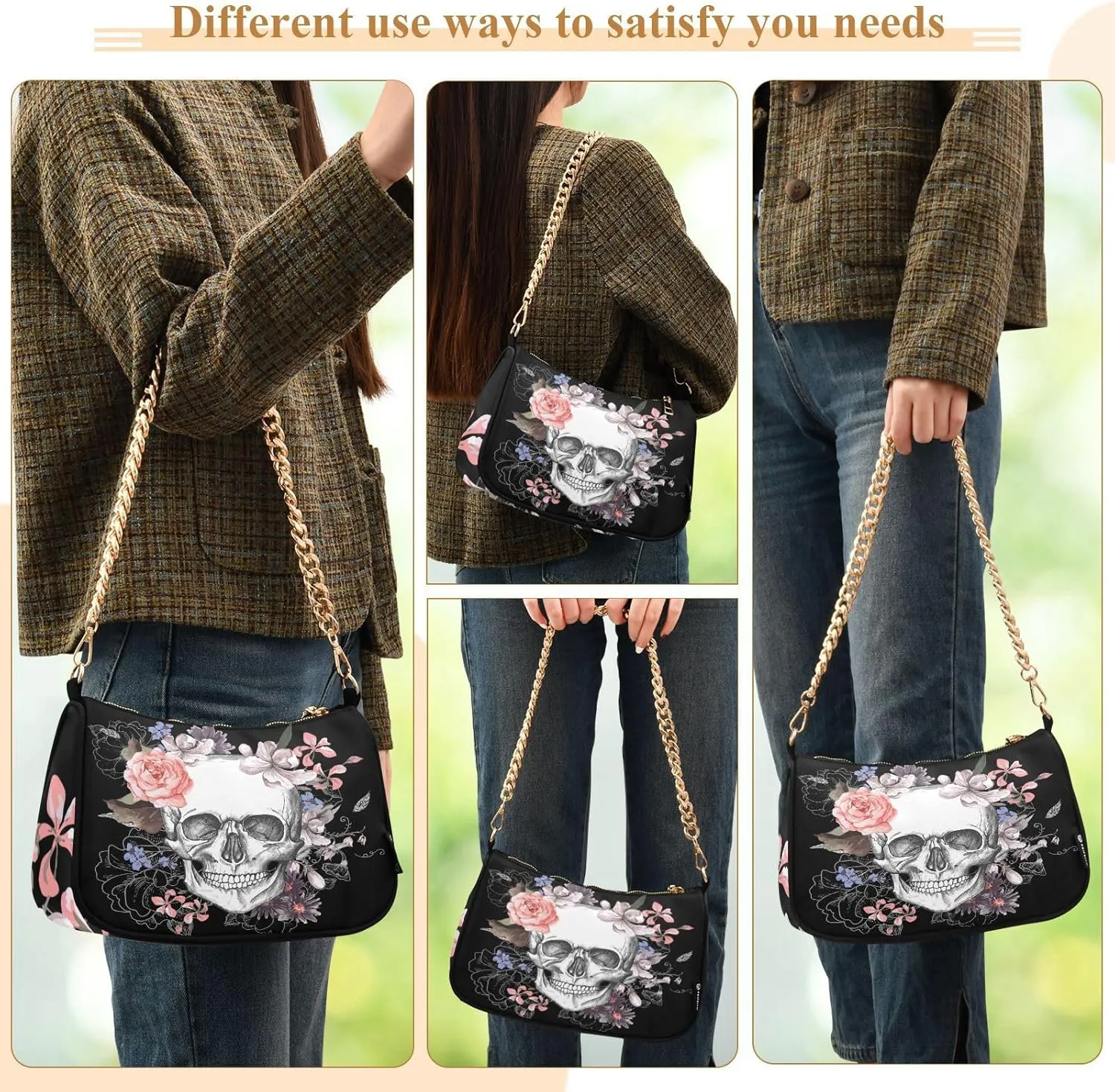Shoulder Bags for Women Skeleton Skull and Rose Flowers Hobo Tote Handbag Small Clutch Purse with Zipper Closure