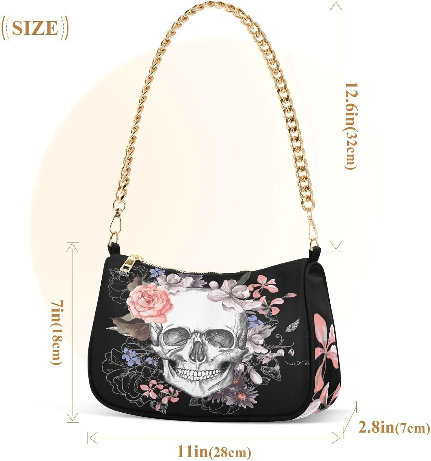 Shoulder Bags for Women Skeleton Skull and Rose Flowers Hobo Tote Handbag Small Clutch Purse with Zipper Closure