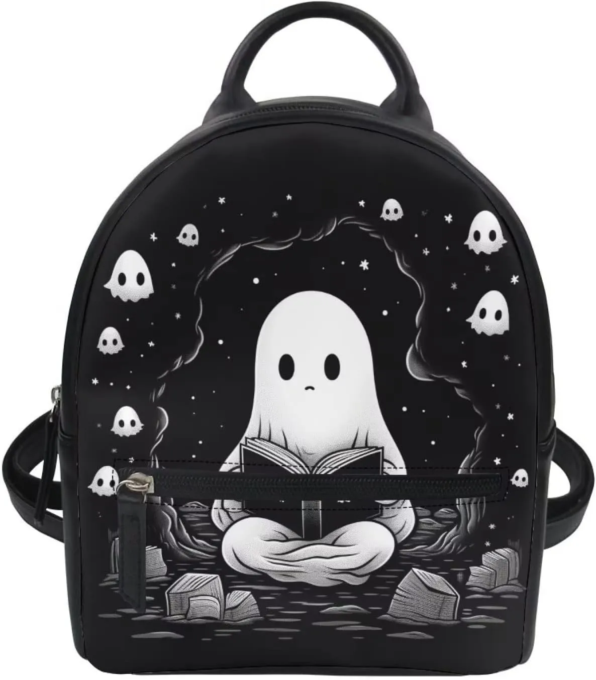 Showudesigns Ghost Purse for Teen Girls Backpack Mini Handbag for Women Gifts Shoulder Bags Casual Daypack with Zipper Cute Handbag Tote Black Skull Halloween Gifts