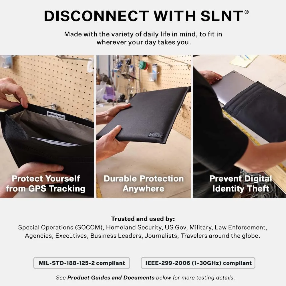 Silent Pocket SLNT Utility Laptop Faraday Bag w Signal Blocking Device Sleeve, Weatherproof Woven Nylon, Prevents Remote Wiping, Tracking, Tampering, Secure Information, Instant Protection, 17 inch