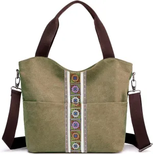 SILKAREA Women's Canvas Large Tote Bag Embroidered Shoulder Bag Multi Pocket Crossbody Bag Top Handle Bag Handbag Hobo Purse