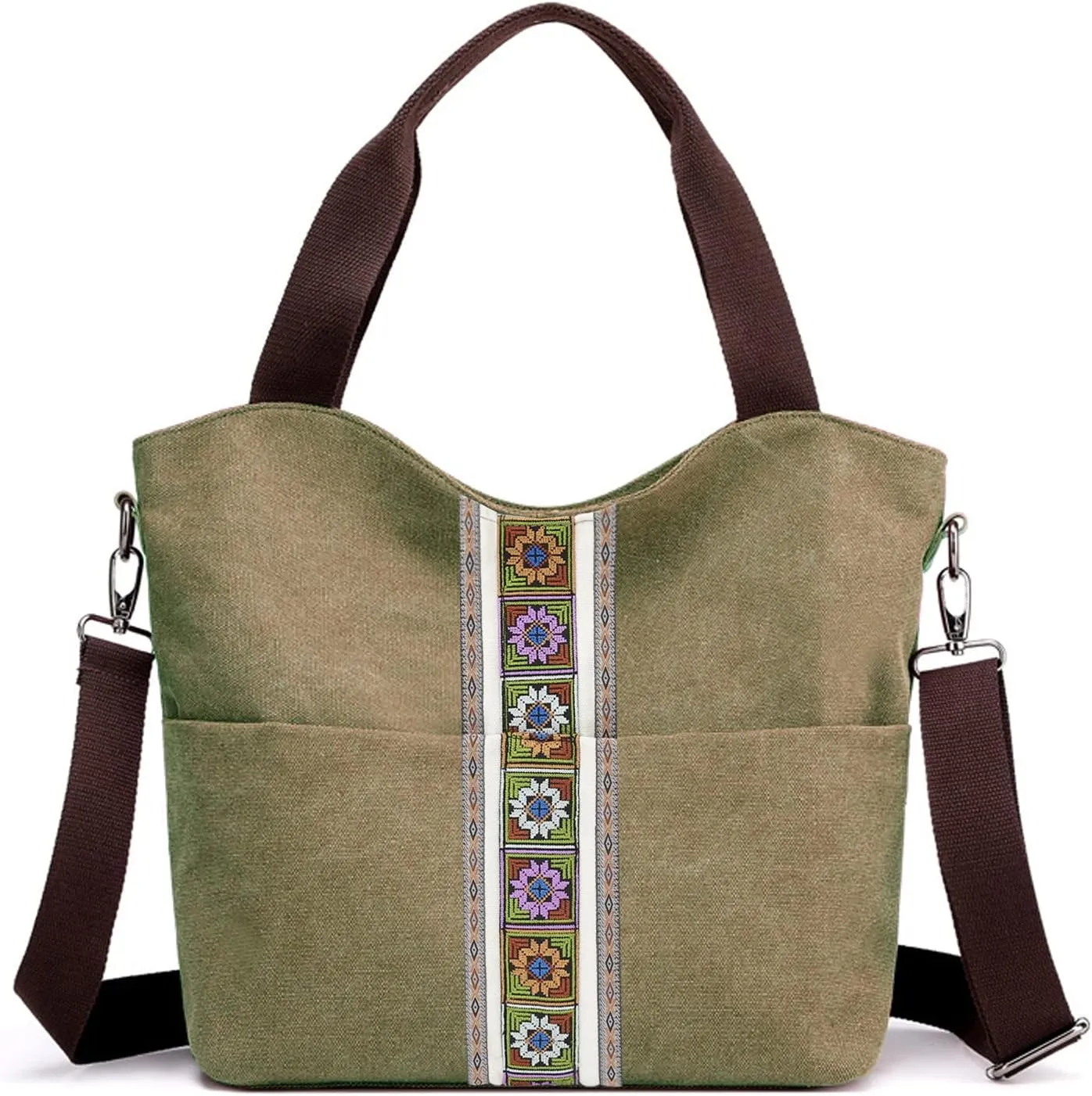 SILKAREA Women's Canvas Large Tote Bag Embroidered Shoulder Bag Multi Pocket Crossbody Bag Top Handle Bag Handbag Hobo Purse