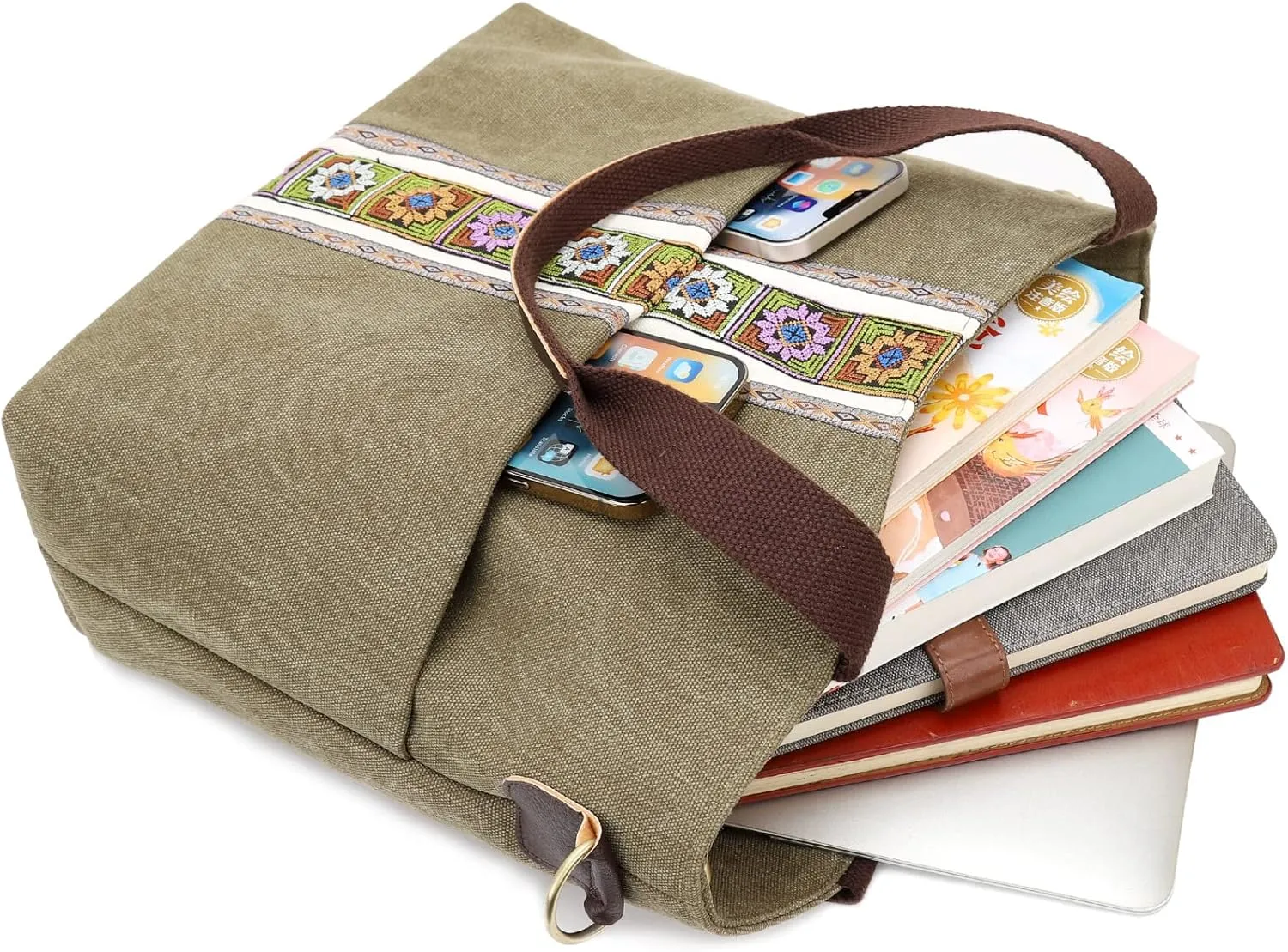 SILKAREA Women's Canvas Large Tote Bag Embroidered Shoulder Bag Multi Pocket Crossbody Bag Top Handle Bag Handbag Hobo Purse