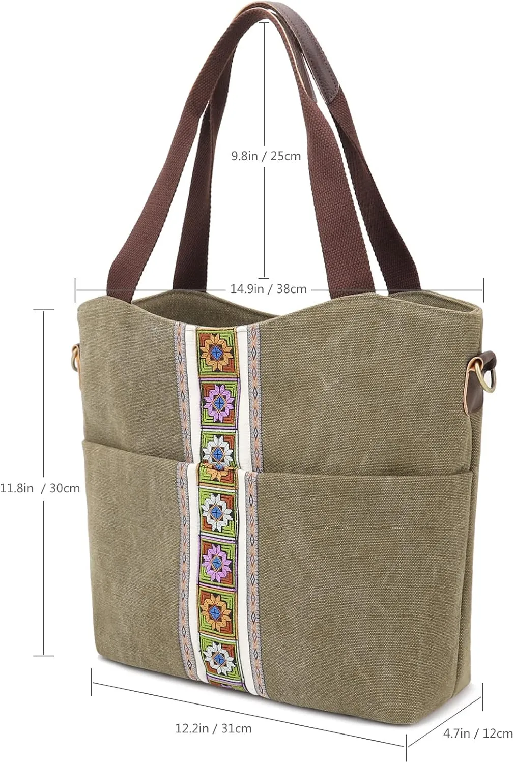 SILKAREA Women's Canvas Large Tote Bag Embroidered Shoulder Bag Multi Pocket Crossbody Bag Top Handle Bag Handbag Hobo Purse