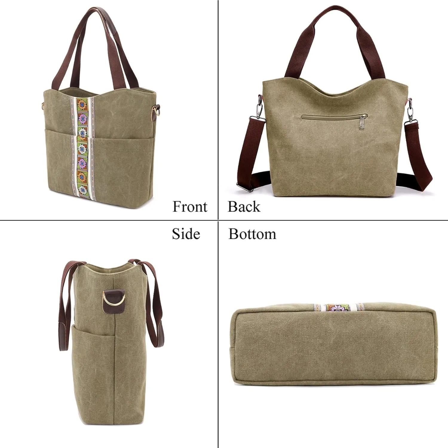 SILKAREA Women's Canvas Large Tote Bag Embroidered Shoulder Bag Multi Pocket Crossbody Bag Top Handle Bag Handbag Hobo Purse