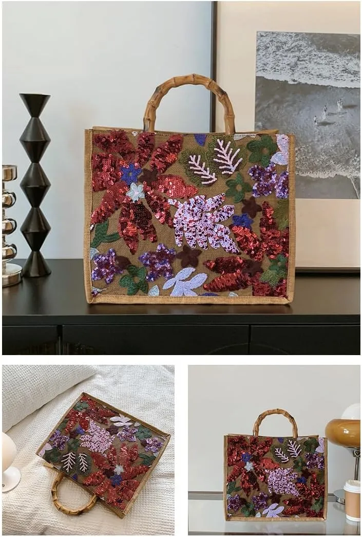 Sister Amy® Elegant Sequin-Embroidered Woven Tote Bag - Stylish Summer Beach Shoulder Handbag for Women's Vacation Essentials