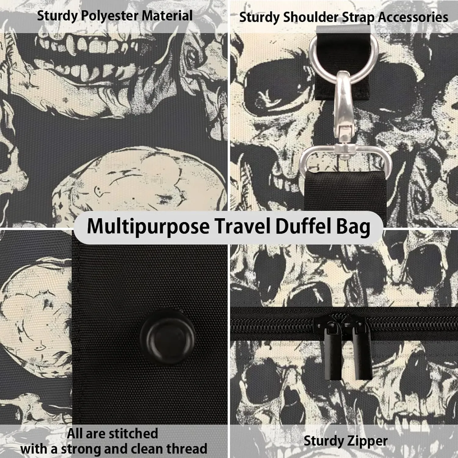 Skeleto Gothothic Skull Travel Duffle Bag, Sports Gym Bags for Women Men, Carry On Weekender Overnight Workout Airplane Trips Bag