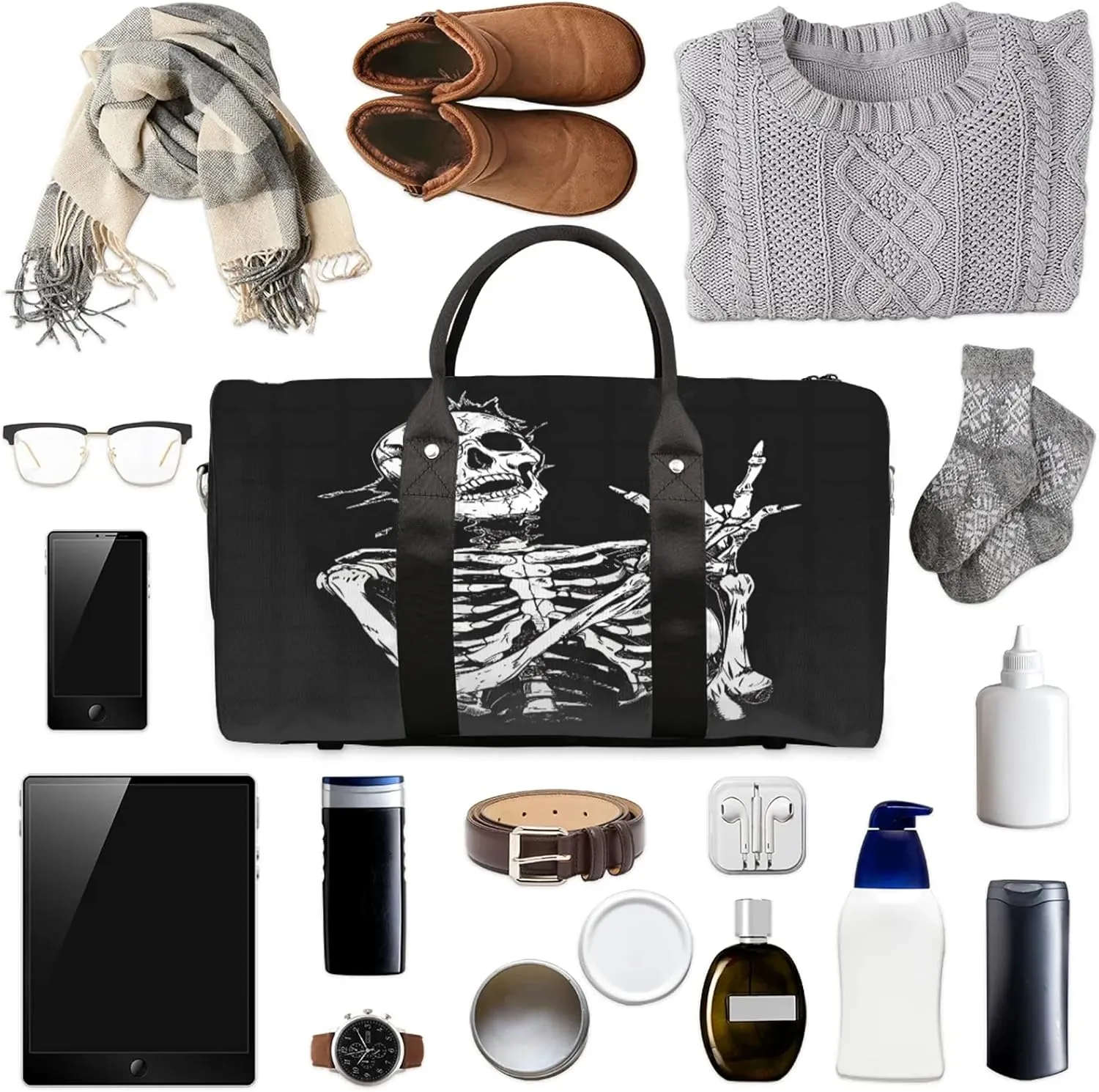 Skeleton Funny Skull Travel Duffle Bag, Sports Gym Bags for Women Men, Carry On Weekender Overnight Workout Airplane Trips Bag