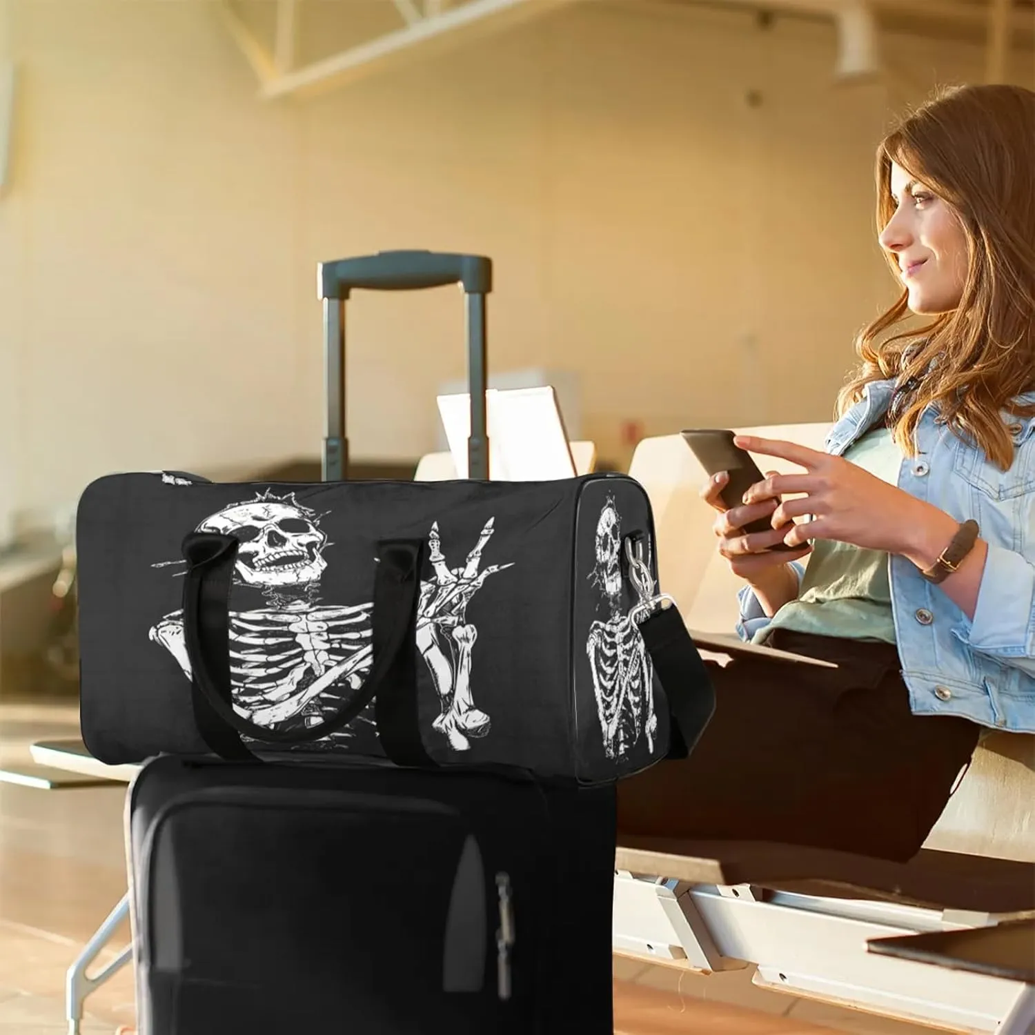 Skeleton Funny Skull Travel Duffle Bag, Sports Gym Bags for Women Men, Carry On Weekender Overnight Workout Airplane Trips Bag