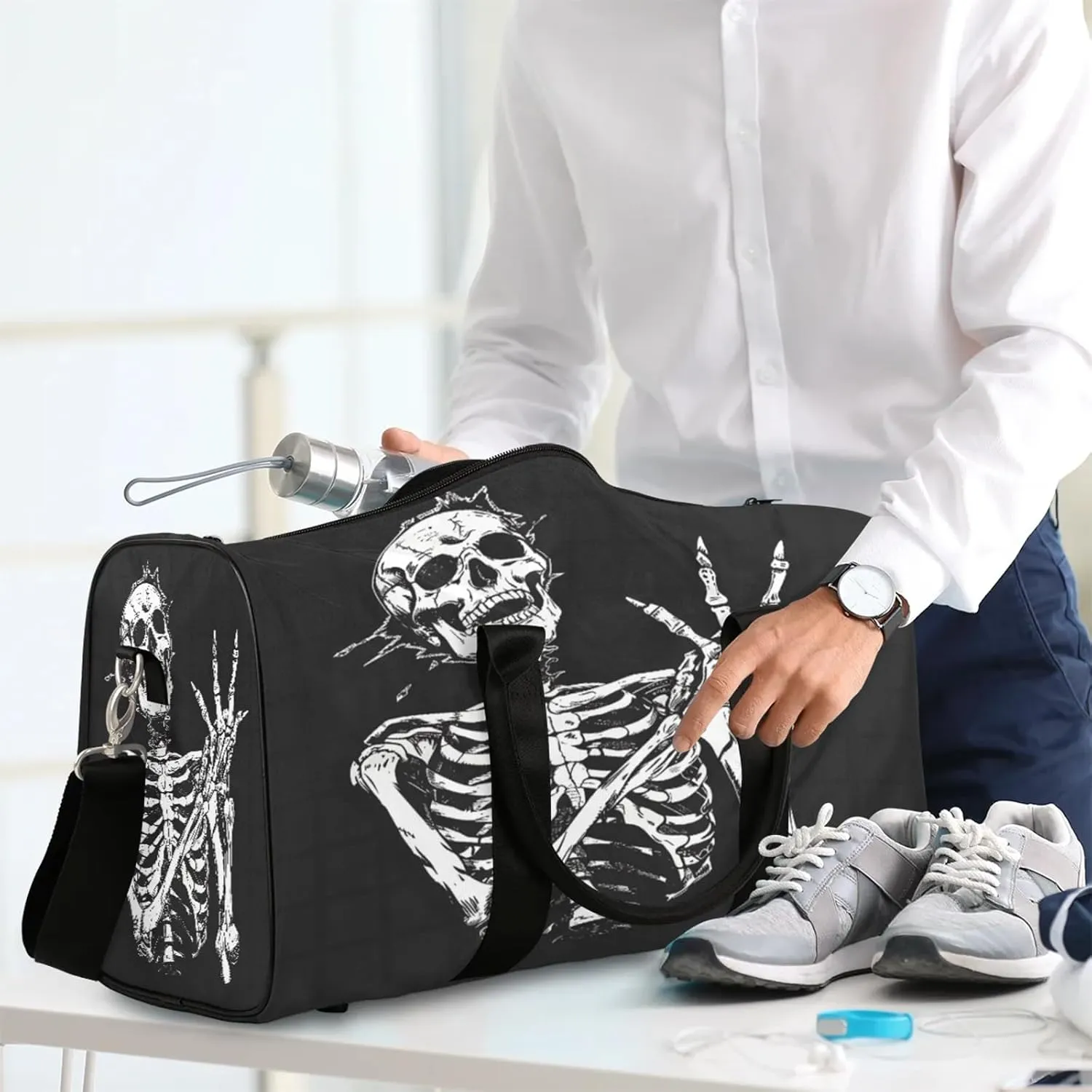 Skeleton Funny Skull Travel Duffle Bag, Sports Gym Bags for Women Men, Carry On Weekender Overnight Workout Airplane Trips Bag