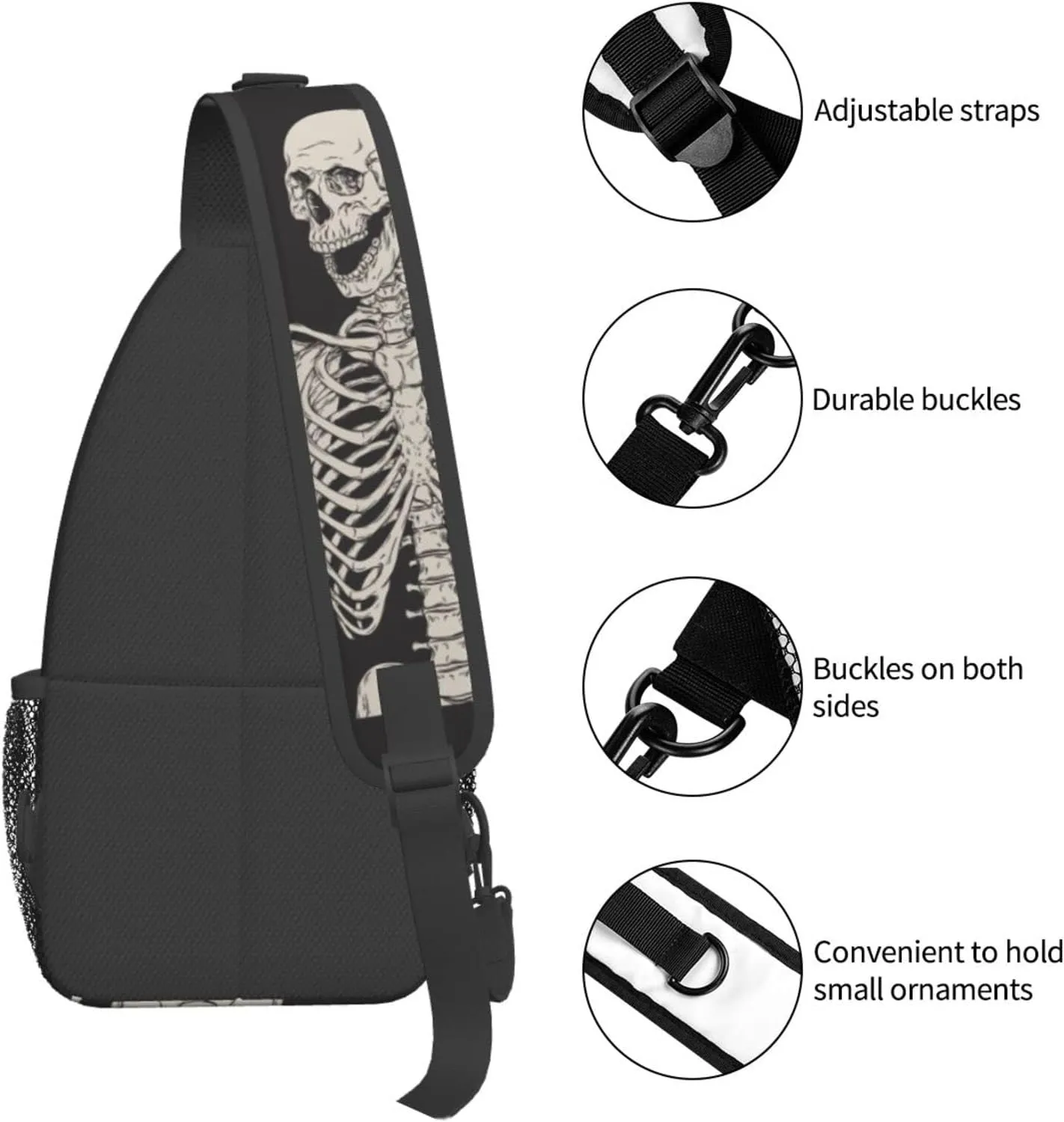 Skeleton Sling Skull Crossbody Backpack For Women Men Hiking Travel Shoulder Pouch Daypack One Strap Cross Chest Bag Purse Outdoor Cycling