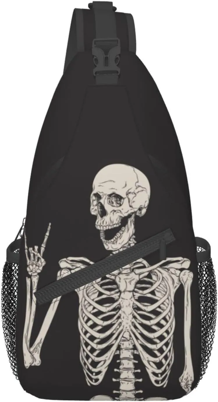 Skeleton Sling Skull Crossbody Backpack For Women Men Hiking Travel Shoulder Pouch Daypack One Strap Cross Chest Bag Purse Outdoor Cycling